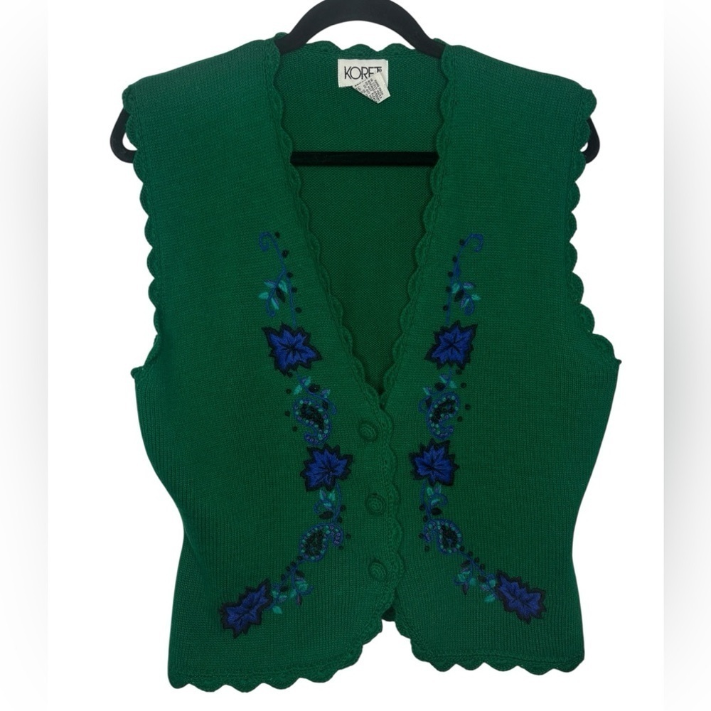 VYG Koret Sweater Vest Green Embroidery French Knots Lambswool Blend Grandma LG